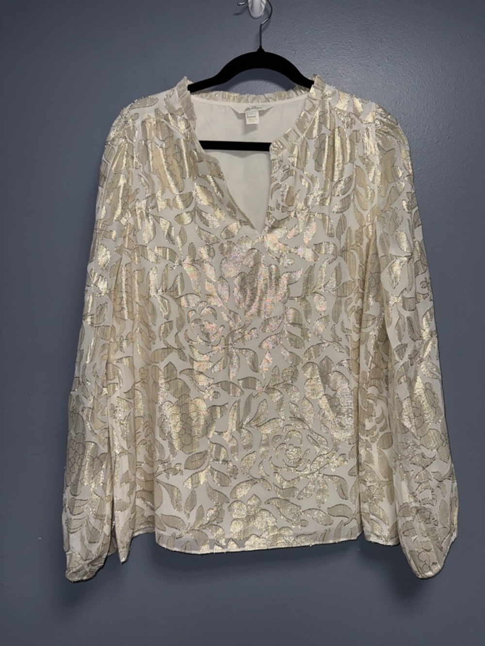 Lilly Pulitzer Giana Silk Top Large Cream Metallic Floral Split-Neck Blouse